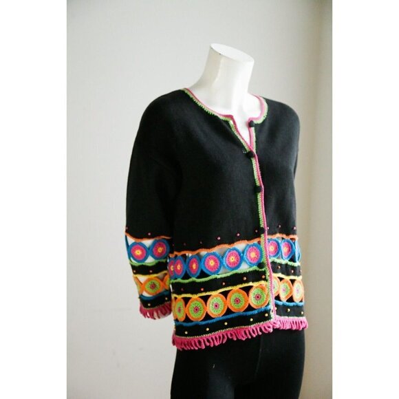Vintage The Last Best Place Crochet Granny Squares Detail Wool Cotton Cardigan S - Picture 5 of 9